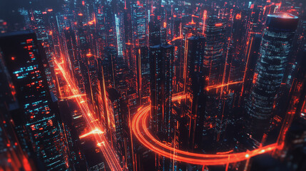 Fototapeta premium smart, digital, city, connection, network, innovation, Smart digital Innovation city with connection network reciprocity over the cityscape. of future smart wireless digital city and social media netw