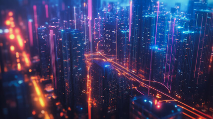 Obraz premium smart, digital, city, connection, network, innovation, Smart digital Innovation city with connection network reciprocity over the cityscape. of future smart wireless digital city and social media netw