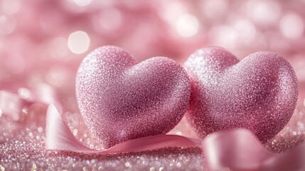 Two sparkling pink glitter hearts with a matching ribbon rest on a shimmering background, symbolizing love, romance, and celebration in a dazzling visual.