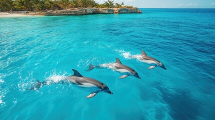 Obraz premium Three dolphins swimming gracefully in clear turquoise waters near a tropical beach.