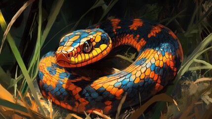 Obraz premium Vibrant orange, blue, and black snake coiled in green grass.