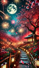 Fototapeta premium A mystical Japanese garden bathed in moonlight, with fireworks illuminating the night sky and a path leading to a serene teahouse.