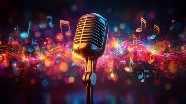 A microphone placed prominently in the foreground, surrounded by colorful musical notes on a vibrant background, embodies the essence of music and creativity.