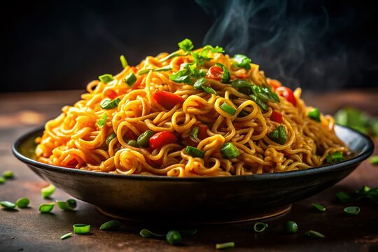 Delicious Fried Maggi Noodles, Studio Night Photography, Close-up