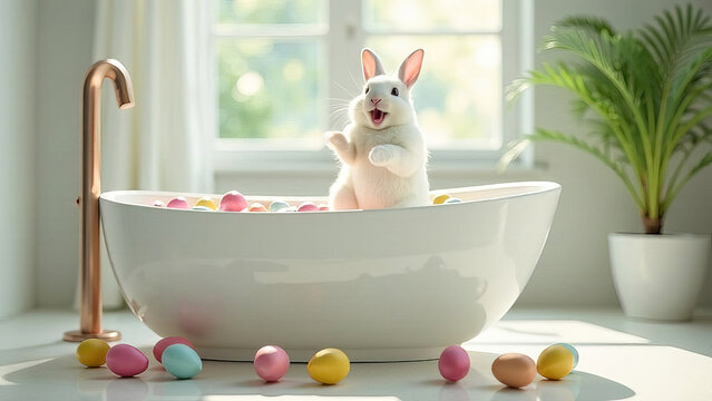 Easter white bunny in a white bathtub with painted eggs.
