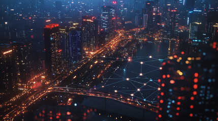 Fototapeta premium Smart digital Innovation city with connection network reciprocity over the cityscape. of future smart wireless digital city and social media networking systems that connects people with in city