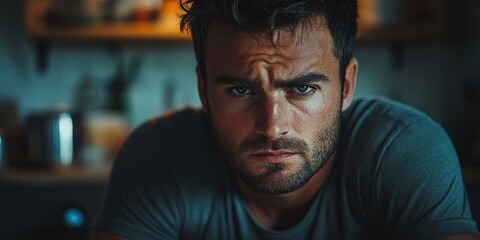Close-Up of a Sad Man Sitting Alone at Home