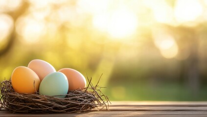 A tranquil Easter scene shows a cozy nest with vibrant eggs, symbolizing new beginnings and joy, set against a softly glowing background that enhances this delightful moment of cheer and harmony