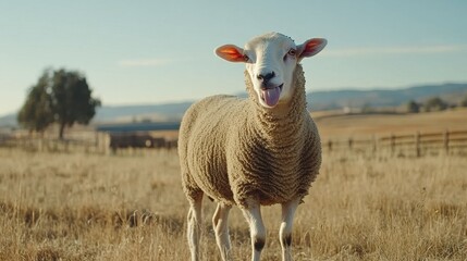 Obraz premium Playful Sheep in a Sunny Pasture Surrounded by Golden Grass and Rolling Hills Under a Clear Blue Sky on a Peaceful Day in the Countryside
