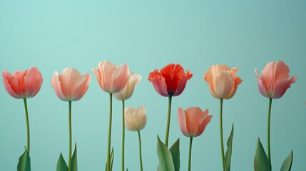 Fototapeta premium Arrangement of tulips lined up against a soft pastel blue background