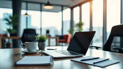 Fototapeta premium Laptop, coffee and notepad on modern office desk