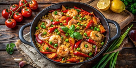 Delicious New Orleans Shrimp Jambalaya in Cast Iron Pot - Top View Macro Stock Photo