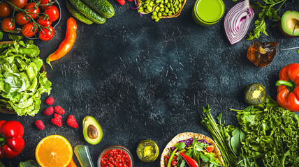 Vibrant food banner: colorful salads, healthy wraps, fresh juices. Bold text: "Healthy Choices." Delicious, nutritious, promoting wellness.