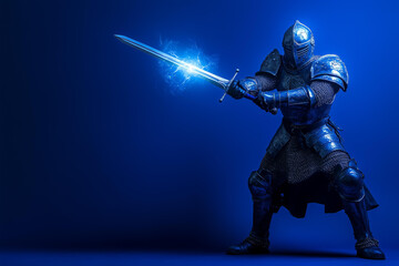 Fototapeta premium fantasy lifestyle concept, a confident knight in shining armor holding a sword glowing with magical energy, standing in a heroic pose, isolated on a solid royal blue background with ample copy space 