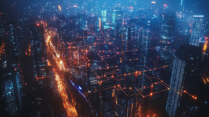 Fototapeta premium Smart digital Innovation city with connection network reciprocity over the cityscape. of future smart wireless digital city and social media networking systems that connects people with in city