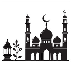Elegant Black and White Ramadan Kareem Mosque Design vector silhouette on a white background