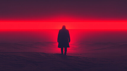 Obraz premium lone figure stands in surreal red lit landscape, evoking mystery and solitude
