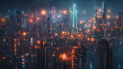 Fototapeta premium Smart digital Innovation city with connection network reciprocity over the cityscape. of future smart wireless digital city and social media networking systems that connects people with in city