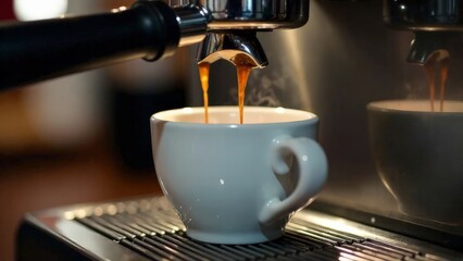 Coffee is poured into a white cup from a coffee machine with steam in backlight.