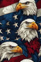 A Seamless pattern of bald eagles with the American flag in their wings. The design incorporates red, white, and blue colors. The background is a pattern of stars and stripes