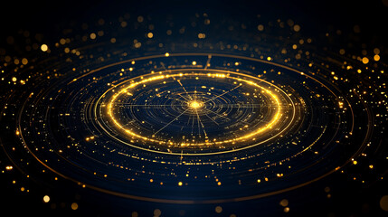 Glowing golden celestial map with circular patterns and sparkling particles