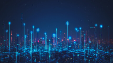 Fototapeta premium Smart digital Innovation city with connection network reciprocity over the cityscape. of future smart wireless digital city and social media networking systems that connects people with in city