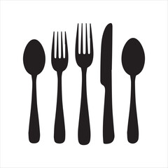 A minimalist, black and white line drawing of a plate, fork, spoon, and knife.