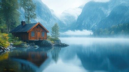 Fototapeta premium A serene lakeside cabin surrounded by misty mountains and lush greenery.