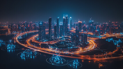 Fototapeta premium Smart digital Innovation city with connection network reciprocity over the cityscape. of future smart wireless digital city and social media networking systems that connects people with in city