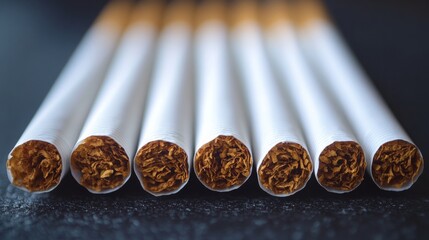 A close-up showcase of seven cigarettes neatly arranged, highlighting their uniformity and detail. Ideal for illustrating patterns or routines in life.