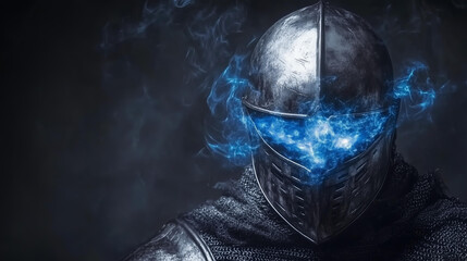 fantasy lifestyle concept, close-up portrait of a stoic knight with a glowing blue aura surrounding their face, helmet removed to reveal a scarred yet determined expression 