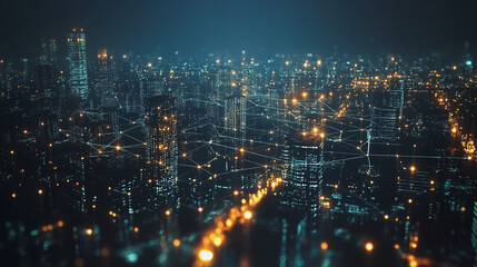 Fototapeta premium Smart digital Innovation city with connection network reciprocity over the cityscape. of future smart wireless digital city and social media networking systems that connects people with in city