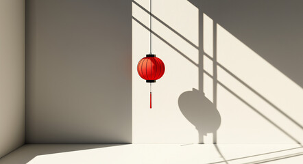 Elegant ancient Chinese lantern suspended in a minimalist setting casting shadows on the wall
