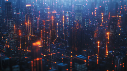 Fototapeta premium Smart digital Innovation city with connection network reciprocity over the cityscape. of future smart wireless digital city and social media networking systems that connects people with in city