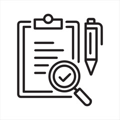 Checklist with magnifying glass and pen for thorough review vector silhouette on a white background