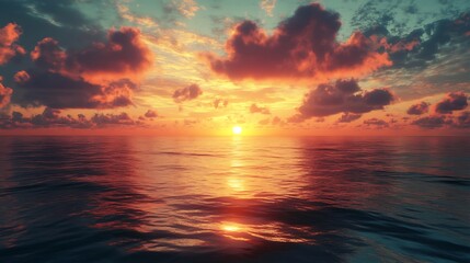 Fototapeta premium Stunning Wide Shot Photo: Vibrant Sunset Reflecting Calmly on Ocean Waters. AI Generated