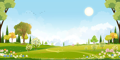 Spring landscape background,Cute Village with meadow, rural road on hill, blue sky ,could in sunny,Vector cartoon horizon Summer landscape, Panoramic countryside with mountains with wild flowers field