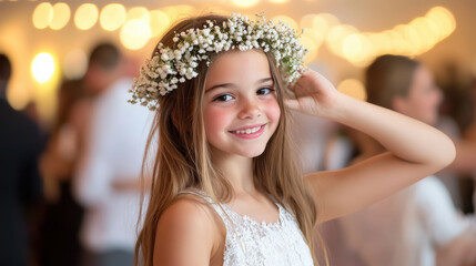 A flower girl adjusting her delicate floral crown, smiling shyly while standing near the edge of the dance floor as couples twirl in the background