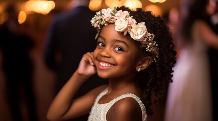 A flower girl adjusting her delicate floral crown, smiling shyly while standing near the edge of the dance floor as couples twirl in the background