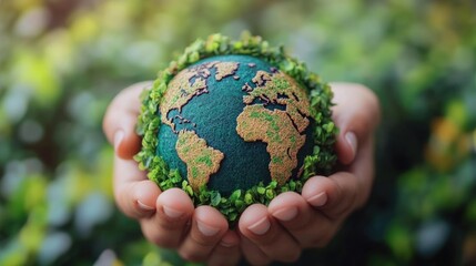 Hands holding a small globe surrounded by greenery symbolizing environmental protection and sustainability