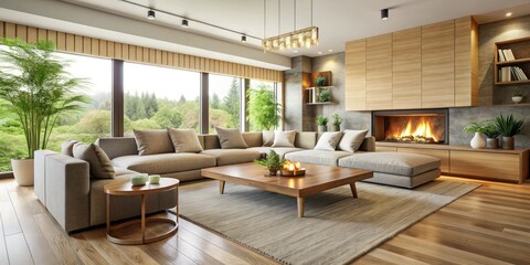 Fototapeta premium Serene living room: neutral sectional sofa anchors the space, fireplace adds warmth, minimal coffee table completes the scene.