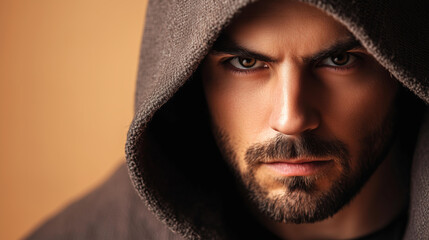 fantasy lifestyle concept, close-up portrait of a rugged rogue with sharp features and a subtle smirk, wearing a dark hood, isolated on a solid warm beige background with ample copy space 