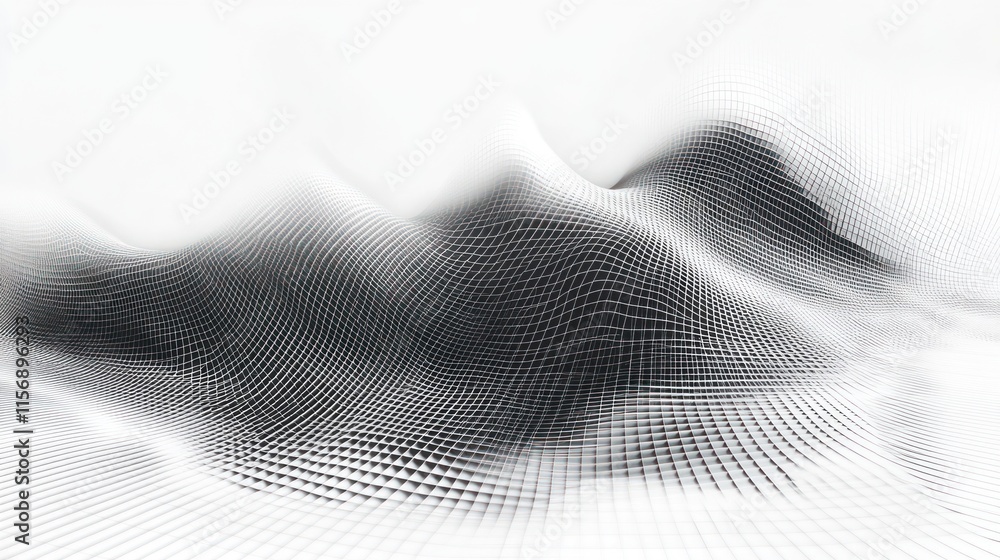 Poster abstract grayscale digital landscape with flowing grid pattern.