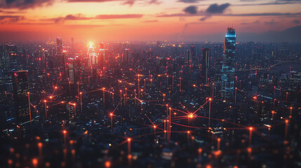 Fototapeta premium Smart digital Innovation city with connection network reciprocity over the cityscape. of future smart wireless digital city and social media networking systems that connects people with in city