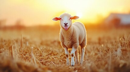 Obraz premium Playful Lamb Stands in a Sunlit Field at Sunset, with a Charming Expression and the Warm Glow of Golden Hour Light in the Background