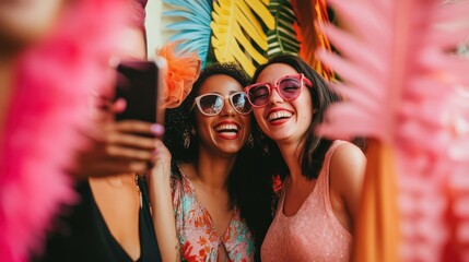 A group of friends capturing a spontaneous selfie together at the photo booth, their laughter and playful poses framed by whimsical wedding props