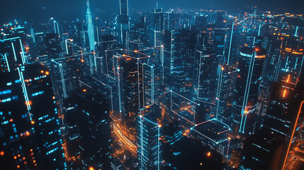 Naklejka premium Smart digital Innovation city with connection network reciprocity over the cityscape. of future smart wireless digital city and social media networking systems that connects people with in city