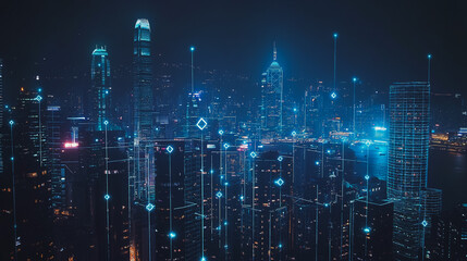 Smart digital Innovation city with connection network reciprocity over the cityscape. of future smart wireless digital city and social media networking systems that connects people with in city