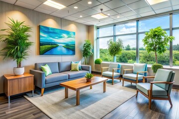 Fototapeta premium Serene medical waiting area: comfortable seating, clean design, contemporary reception, calming healthcare interior.
