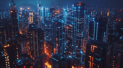 Fototapeta premium Smart digital Innovation city with connection network reciprocity over the cityscape. of future smart wireless digital city and social media networking systems that connects people with in city